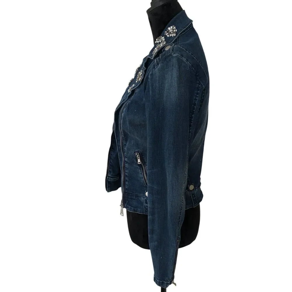 Bebe Rhinestone Embellished Stretchy Retro Y2K Denim‎ Moto Jacket Size S - Picture 9 of 14